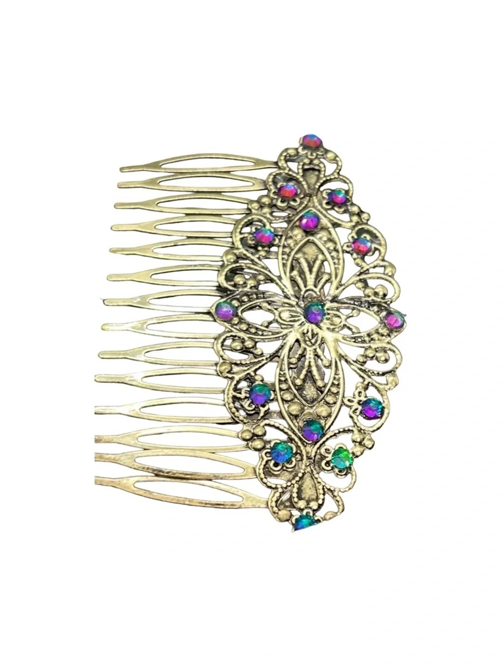 Ornate Gold Hair Comb with Vibrant Crystal Accent Volcano Flame FINAL PRICE DROP